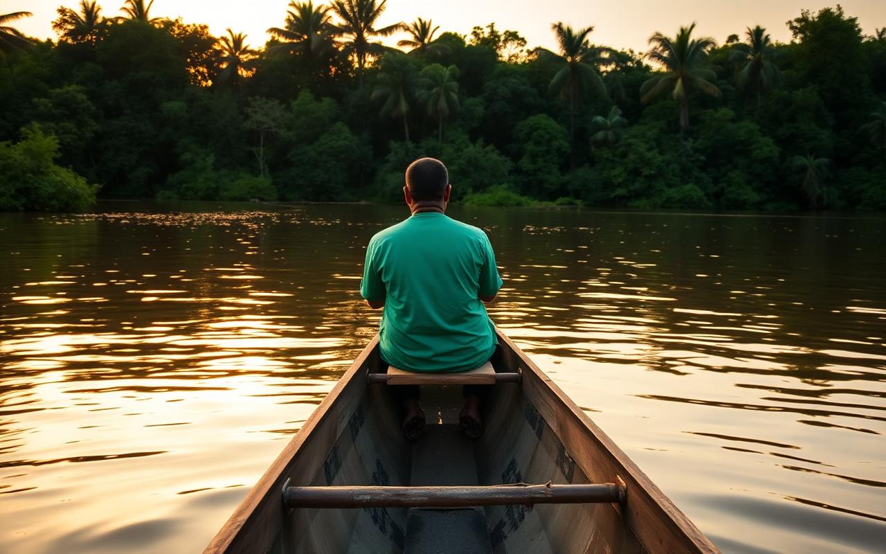 Profissional de saúde navegando em rio da Amazônia